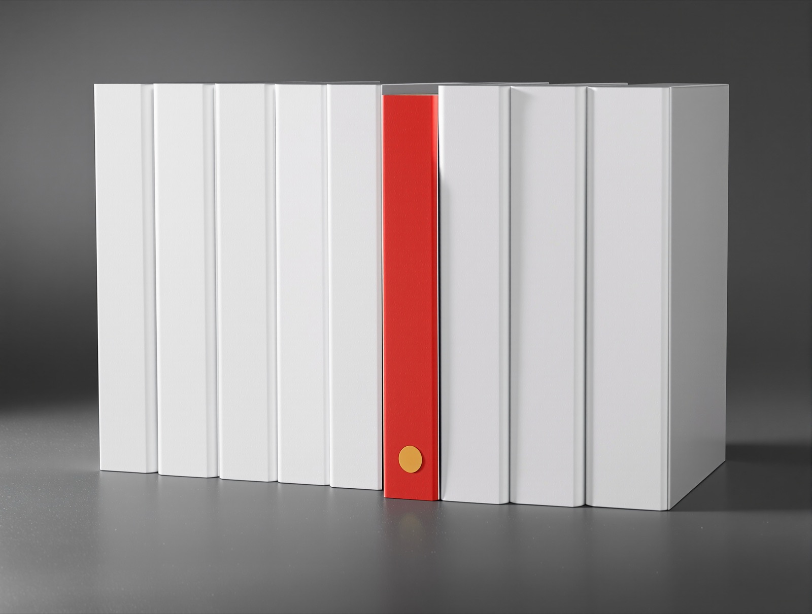 Row of identical white folders, one pulled forward and open with a red tab