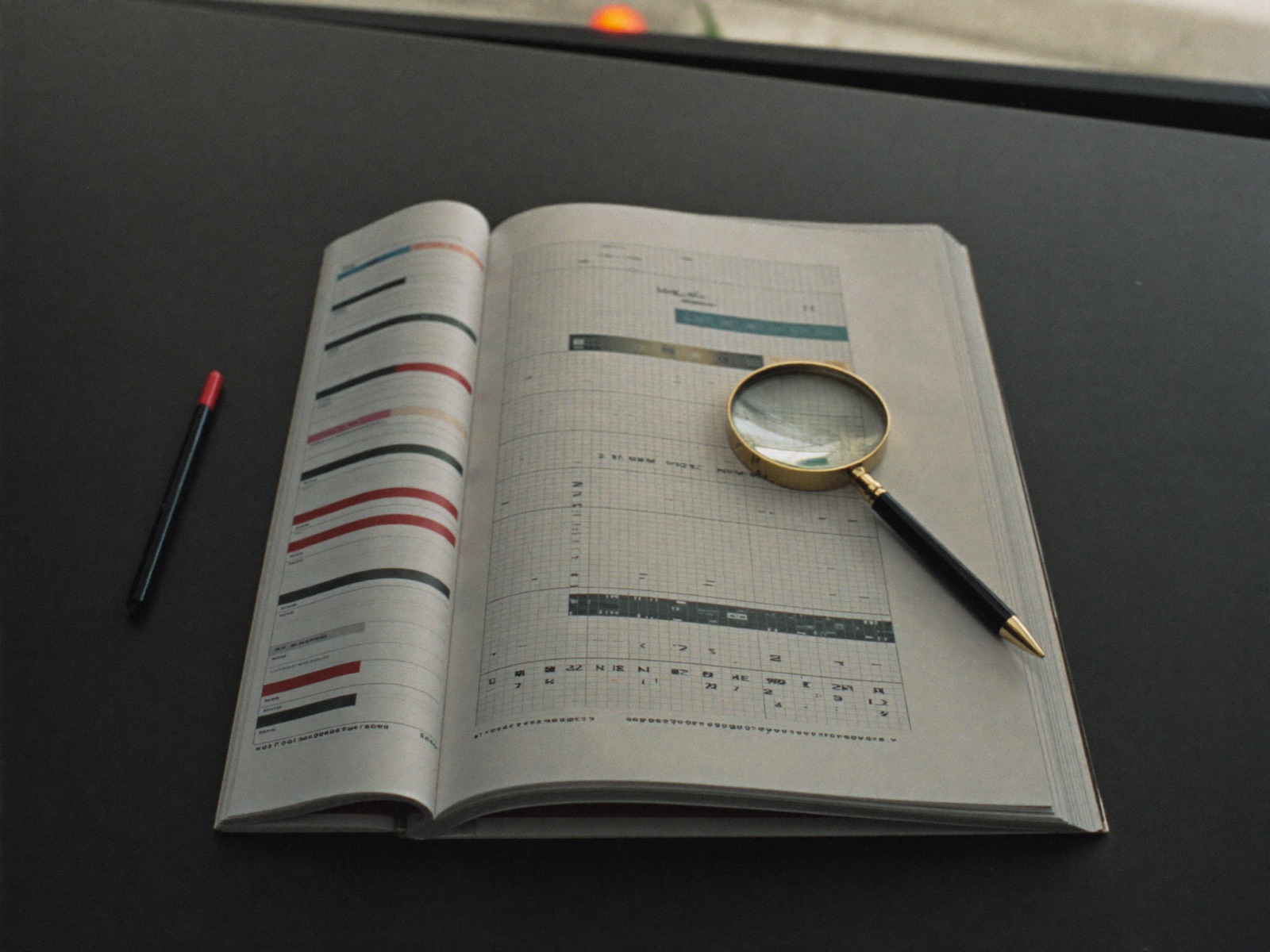 Bound report lying open on a work table with a magnifying glass on the page