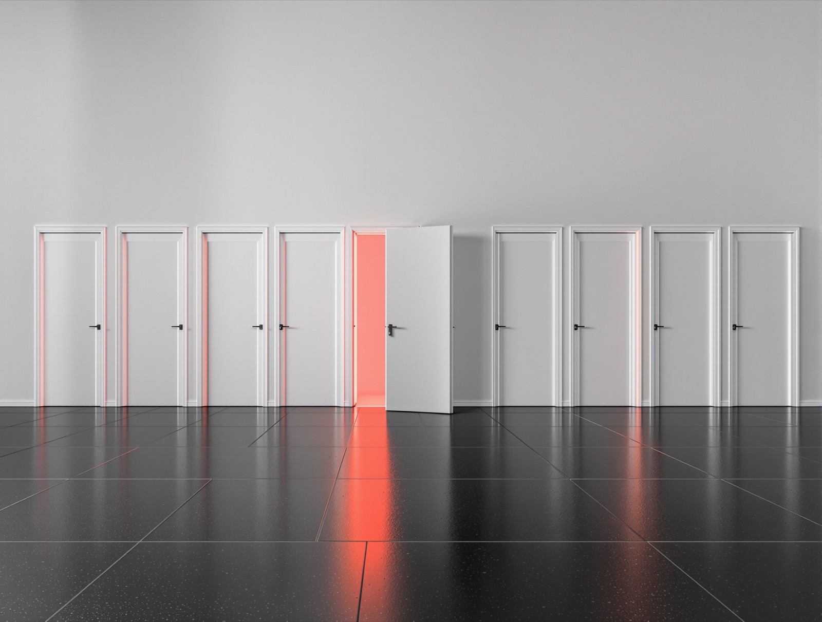 Twelve identical white doors in a row, one slightly open with red light inside
