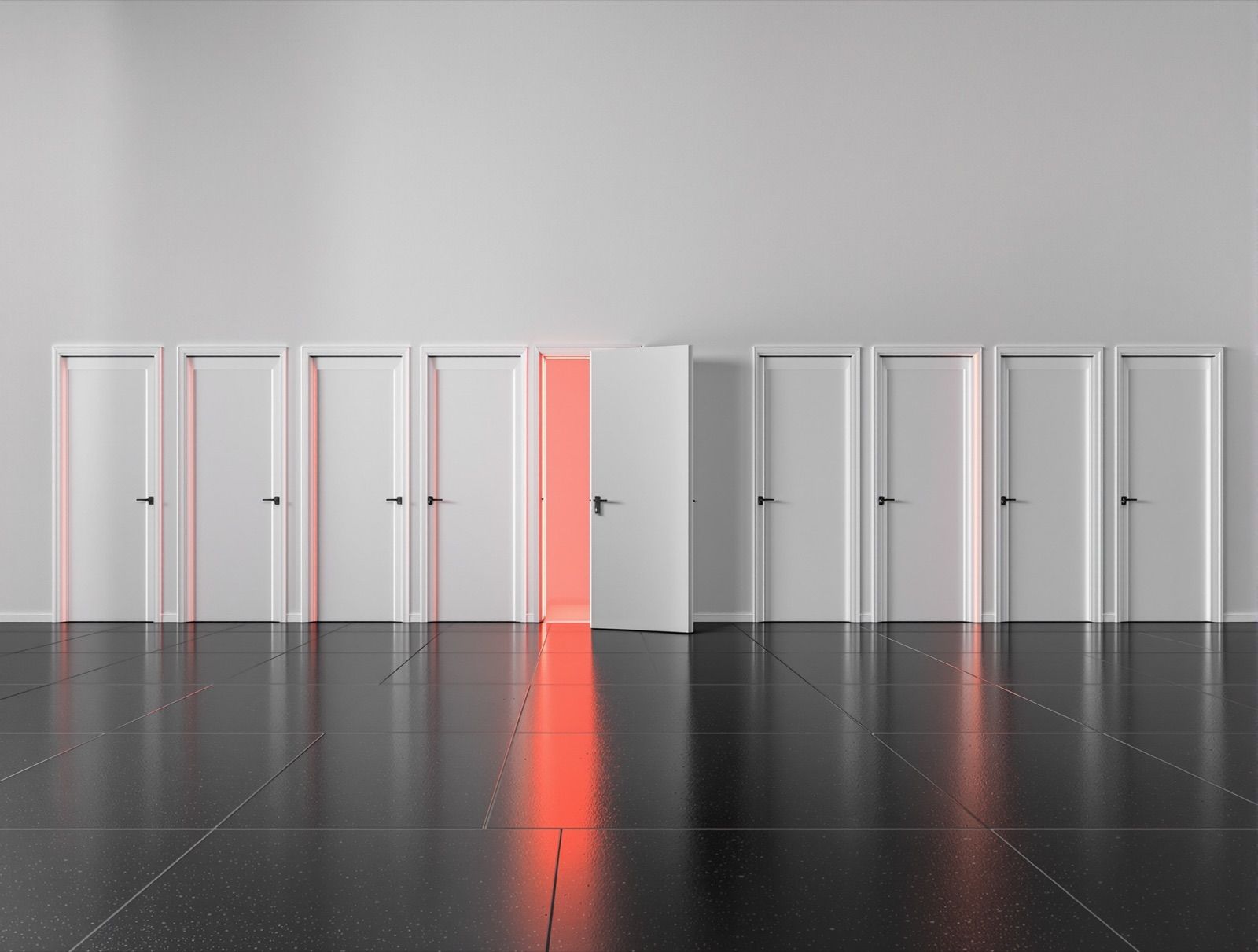 Doce puertas blancas idénticas en fila, una sola entreabierta con luz roja